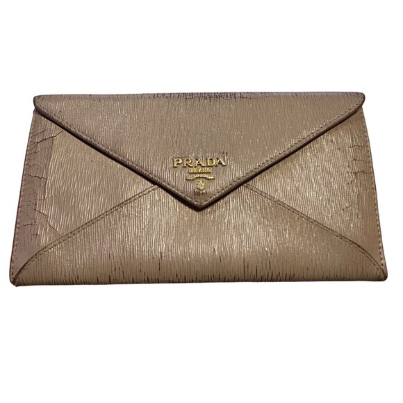 Prada Handbags - Prada Milano Envelope Clutch Wallet Womens Leather Beige Textured Gold Logo